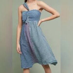 NWT Anthropologie Maeve “Waverly” Blue Gingham One-Shoulder Dress